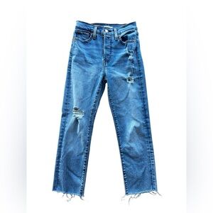 Levi’s Wedgie Straight Jeans Womens 26 Distressed Raw Hem High Rise Blue Denim
